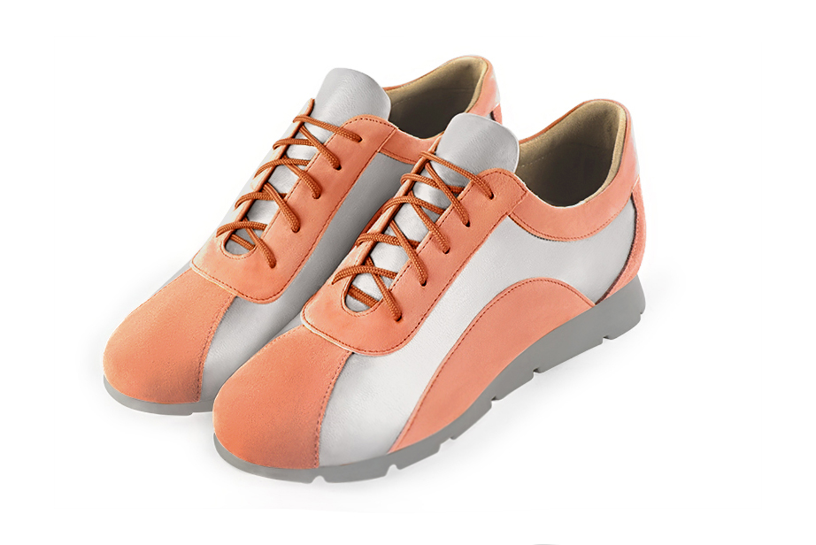 Peach orange and light silver women's three-tone elegant sneakers. Round toe. Flat rubber soles. Front view - Florence KOOIJMAN
